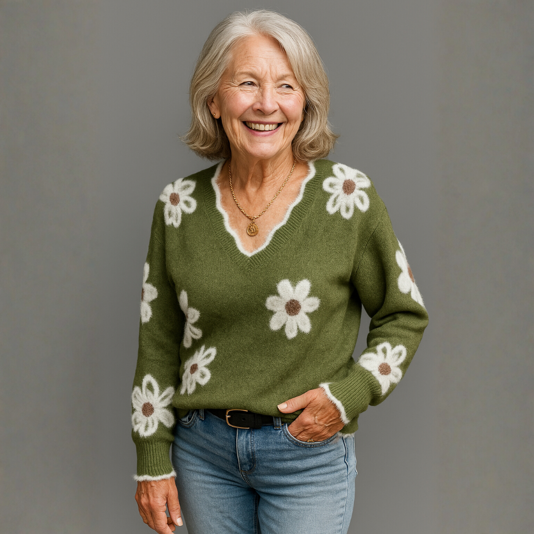 THEA | ELEGANT V-NECK FLORAL SWEATER
