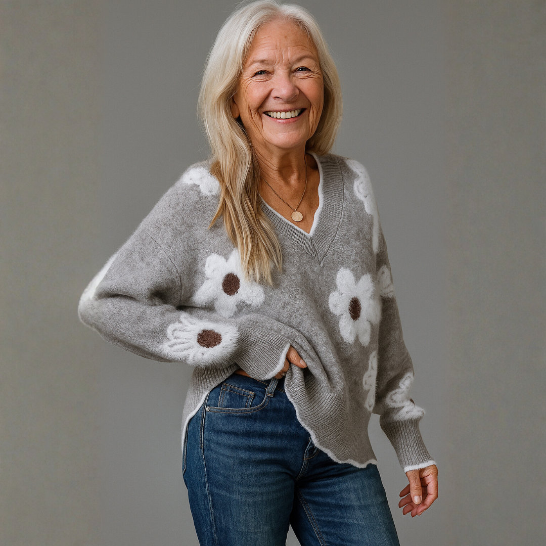 THEA | ELEGANT V-NECK FLORAL SWEATER