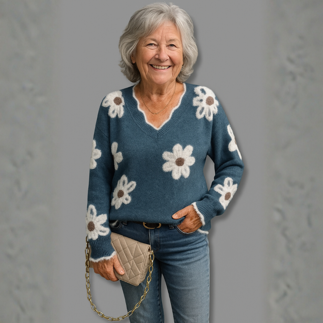 THEA | ELEGANT V-NECK FLORAL SWEATER