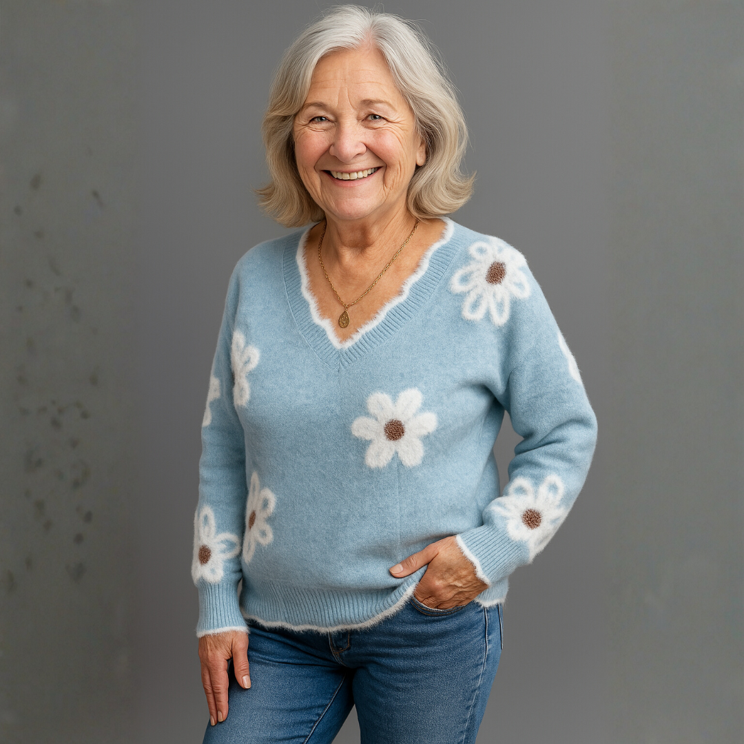 THEA | ELEGANT V-NECK FLORAL SWEATER