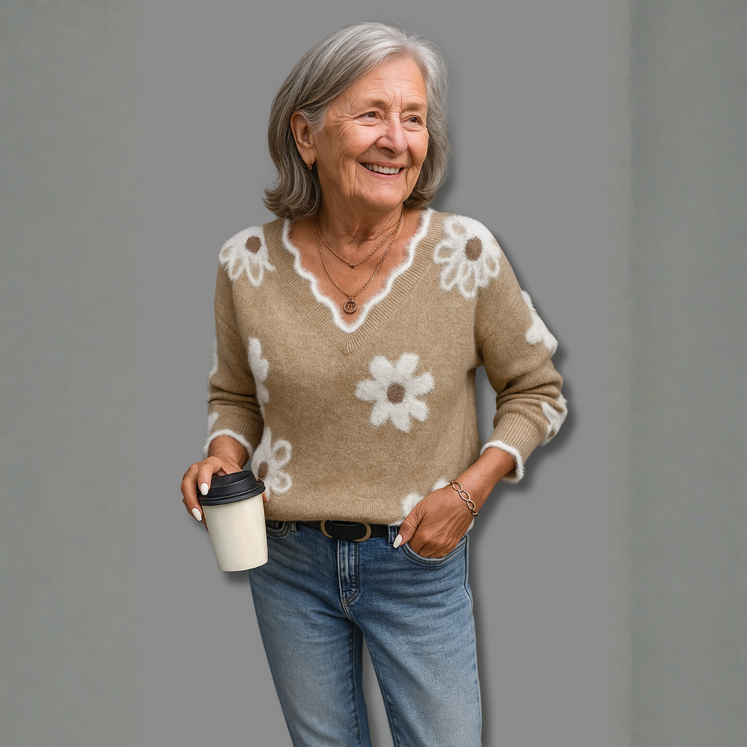 THEA | ELEGANT V-NECK FLORAL SWEATER