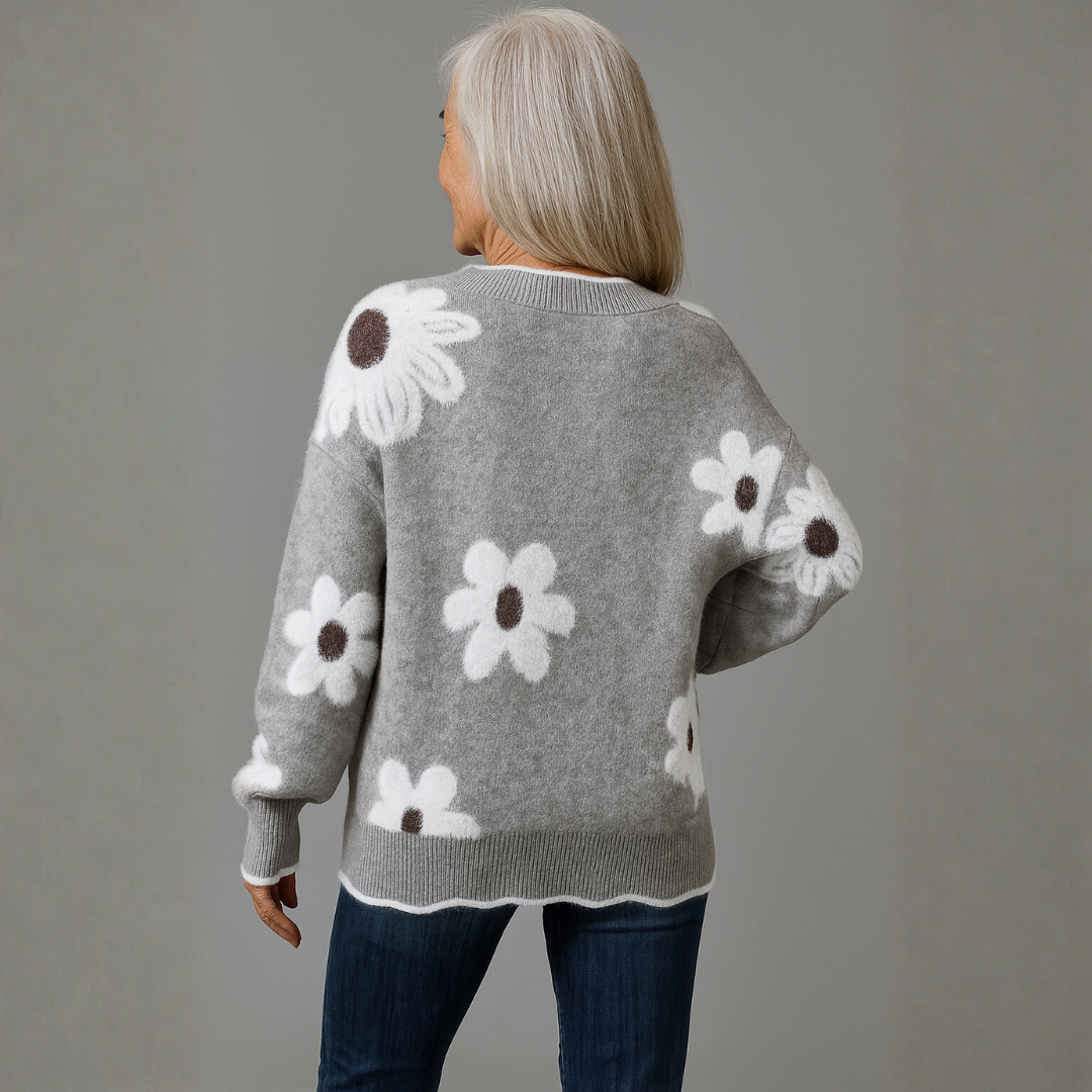 THEA | ELEGANT V-NECK FLORAL SWEATER